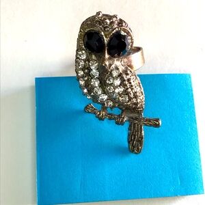 OWL RING ADJUSTABLE SIZE IN CLEAR & BLACK RHINESTONES, SILVER